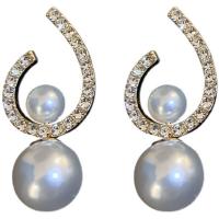 Boucles d'oreilles pendantes en laiton, avec perle de plastique, Placage de couleur d'or, pour femme & avec strass, 14x30mm, Vendu par PC