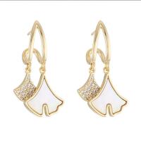 Cubic Zirconia Micro Pave Brass Earring with Shell Ginkgo Leaf gold color plated micro pave cubic zirconia & for woman Sold By Pair