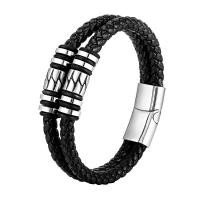 PU Leather Bracelet, with 304 Stainless Steel, fashion jewelry & multilayer & for man, black, Length:21 cm, Sold By PC
