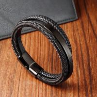 PU Leather Bracelet, with 304 Stainless Steel, Vacuum Ion Plating, fashion jewelry & multilayer & for man, black, Length:21 cm, Sold By PC