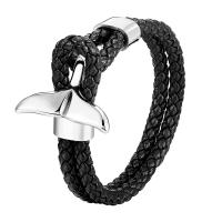 Couro do plutônio pulseira, with Aço inoxidável 304, Peixe, joias de moda & para o homem, preto, comprimento 21 cm, vendido por PC