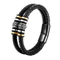 PU Leather Bracelet with 304 Stainless Steel Vacuum Ion Plating fashion jewelry & for man black Length 21 cm Sold By PC