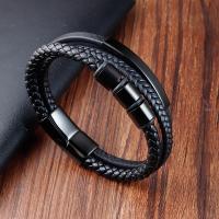 PU Leather Bracelet, with 304 Stainless Steel, Round, plumbum black color plated, fashion jewelry & for man, black, Length:21 cm, Sold By PC