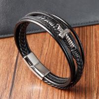 cuir PU bracelet, avec Acier inoxydable 304, croix, Placage de couleur argentée, bijoux de mode & multicouche & pour homme, noire, Longueur:21 cm, Vendu par PC