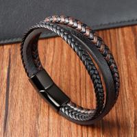 PU Leather Bracelet with 316L Stainless Steel Round plumbum black color plated fashion jewelry & for man black and brown Length 21 cm Sold By PC