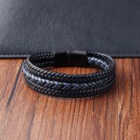 cuir PU bracelet, avec Acier inoxydable 304, Rond, Placage de couleur noire de plumbum, bijoux de mode & pour homme, noire, Longueur:21 cm, Vendu par PC