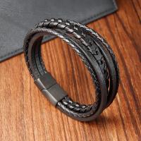 cuir PU bracelet, avec Acier inoxydable 304, bijoux de mode & multicouche & pour homme, noire, Longueur:21 cm, Vendu par PC