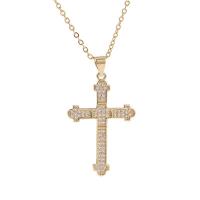 Cubic Zircon Micro Pave Brass Necklace, Cross, gold color plated, micro pave cubic zirconia & for woman, gold, 21x32mm, Length:Approx 17.7 Inch, Sold By PC