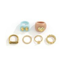 Cink Alloy Ring Set, Cink ötvözet, -val Akril, arany színű aranyozott, 6 darab & a nő, 17mm, 19mm, Méret:6.5-9, Által értékesített Set