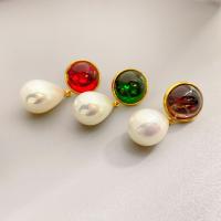 Boucles d'oreilles pendantes en laiton, avec cristal & perle de plastique, Plaqué or 18K, bijoux de mode & pour femme, plus de couleurs à choisir, protéger l'environnement, sans nickel, plomb et cadmium, 38.50x16mm, Vendu par paire