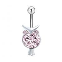 Stainless Steel Belly Ring, Tibetan Style, with Cubic Zirconia & 304 Stainless Steel, Owl, Galvanic plating, for woman & faceted, pink, nickel, lead & cadmium free, 11.20x31mm, Sold By PC