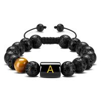 Gemstone Bracelets, Lava, with Tiger Eye, Alphabet Letter, handmade, Unisex & adjustable & different styles for choice, black, 10mm, Length:8.7 Inch, Sold By PC