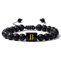 Gemstone Bracelets, Lava, with Abrazine Stone & Polyester Cord, Alphabet Letter, handmade, Unisex & adjustable & different styles for choice, black, 8mm, Length:7-11.5 Inch, Sold By PC
