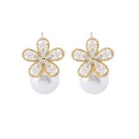 Cubic Zirconia Micro Pave Brass Earring, with Plastic Pearl, Flower, gold color plated, micro pave cubic zirconia & for woman, 17x26mm, Sold By Pair