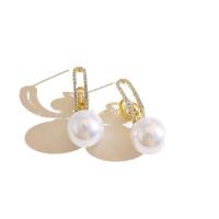 Cubic Zirconia Micro Pave Brass Earring, with Plastic Pearl, gold color plated, micro pave cubic zirconia & for woman, 30mm, Sold By Pair