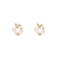 Cubic Zirconia Micro Pave Brass Earring, with Shell & Plastic Pearl, gold color plated, micro pave cubic zirconia & for woman, 20mm, Sold By Pair