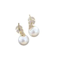 Cubic Zirconia Micro Pave Brass Earring, with Plastic Pearl, gold color plated, micro pave cubic zirconia & for woman, 11x26mm, Sold By Pair