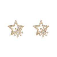 Cubic Zirconia Micro Pave Brass Earring, Star, gold color plated, micro pave cubic zirconia & for woman & hollow, 17mm, Sold By Pair