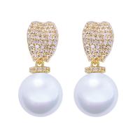 Cubic Zirconia Micro Pave Brass Earring with Plastic Pearl gold color plated micro pave cubic zirconia & for woman Sold By Pair