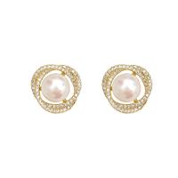 Cubic Zirconia Micro Pave Brass Earring, with Plastic Pearl, gold color plated, micro pave cubic zirconia & for woman, 15x15mm, Sold By Pair