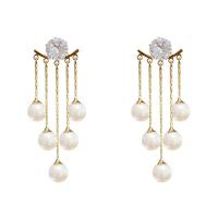 Fashion Fringe Earrings, Brass, with Plastic Pearl, gold color plated, micro pave cubic zirconia & for woman, white, 18x45mm, Sold By Pair
