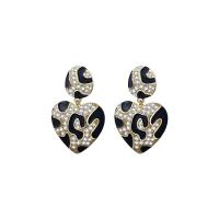 Brass Drop Earring Heart gold color plated micro pave cubic zirconia & for woman & enamel black Sold By Pair