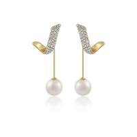 Boucles d'oreilles pendantes en laiton, avec perle de plastique, Placage de couleur d'or, pour femme & avec strass, 15x50mm, Vendu par paire