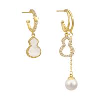 Asymmetric Earrings, Brass, with Shell & Plastic Pearl, gold color plated, micro pave cubic zirconia & for woman, 15x65mm, Sold By Pair