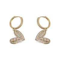 Huggie Hoop Drop Earring, Brass, Heart, gold color plated, for woman & with rhinestone, 15x30mm, Sold By Pair
