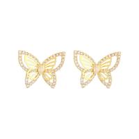 Boucles d'oreilles en laiton zircon cubique pavent, papillon, Placage de couleur d'or, pavé de micro zircon & pour femme & creux, 21mm, Vendu par paire