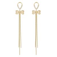 Fashion Fringe Earrings, Brass, with Cats Eye, Bowknot, gold color plated, micro pave cubic zirconia & for woman, 17x83mm, Sold By Pair