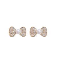 Brass Stud Earring, with Plastic Pearl, Bowknot, gold color plated, micro pave cubic zirconia & for woman, 22x13mm, Sold By Pair