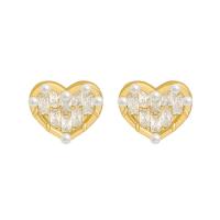 Brass Stud Earring, with Plastic Pearl, Heart, gold color plated, micro pave cubic zirconia & for woman, 16x18mm, Sold By Pair