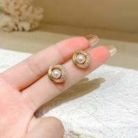 Brass Stud Earring, with Plastic Pearl, Bowknot, gold color plated, micro pave cubic zirconia & for woman, 13x13mm, Sold By Pair
