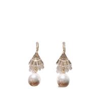 Messing Drop Earring, med Plastic Pearl, guldfarve belagt, Micro Pave cubic zirconia & for kvinde, 52mm, Solgt af par