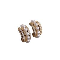 Brass Stud Earring, with Plastic Pearl, gold color plated, micro pave cubic zirconia & for woman, 10x22mm, Sold By Pair