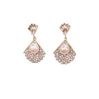 Brass Drop Earring, with Plastic Pearl, gold color plated, micro pave cubic zirconia & for woman, 16x22mm, Sold By Pair