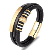 Bracelets cordon PU, cuir PU, avec Acier inoxydable 304, trois couches & longueur différente pour le choix & pour homme, doré, Vendu par PC
