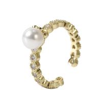 Cubic Zirconia Micro Pave Brass Ring with Plastic Pearl gold color plated Adjustable & micro pave cubic zirconia & for woman gold 17mm Sold By PC