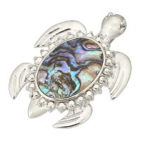 Rhinestone Brass Pendants, with Abalone Shell, Turtle, silver color plated, nickel, lead & cadmium free, 36x49x9.50mm, Hole:Approx 4x8mm, Sold By PC