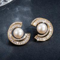 Brass Stud Earring with Plastic Pearl plated micro pave cubic zirconia & for woman Sold By Pair