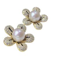 Brass Stud Earring with Plastic Pearl Flower gold color plated micro pave cubic zirconia & for woman 17mm Sold By Pair