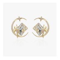 Brass Stud Earring, Moon and Star, gold color plated, micro pave cubic zirconia & for woman, 20x16mm, Sold By Pair