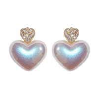 Brass Stud Earring with Plastic Pearl Heart gold color plated micro pave cubic zirconia & for woman Sold By Pair