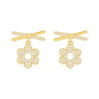 Brass Drop Earring, Flower, gold color plated, micro pave cubic zirconia & for woman, 16x17mm, Sold By Pair