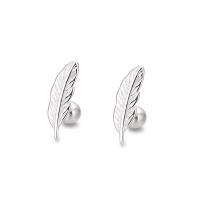 925 Sterling Silver Stud Earrings Feather silver color plated for woman Sold By Pair