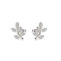 925 Sterling Silver Stud Earrings, Branch, silver color plated, for woman & with cubic zirconia, 6x9.60mm, Sold By Pair