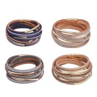 PU Leather Cord Bracelets, multilayer & for woman & with rhinestone, more colors for choice, 395x16mm, Sold By PC