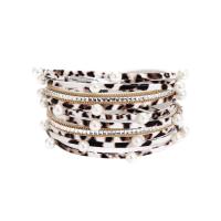 PU Leather Cord Bracelets with Plastic Pearl printing multilayer & for woman & with rhinestone & leopard pattern Sold By PC