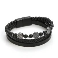 PU Leather Bracelet with zinc alloy bead & Gemstone gun black plated multilayer & for man 200mm Sold By PC